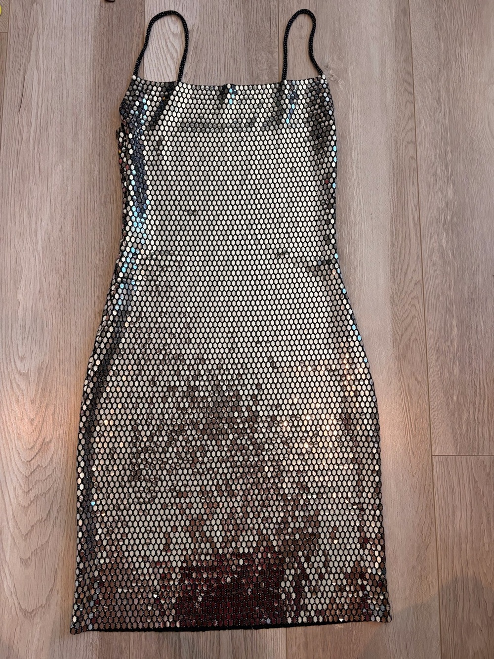Silver Sequin Slip Dress with Black Trim